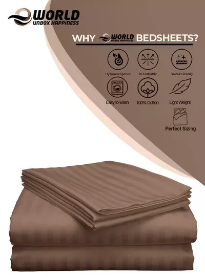 3 Piece Luxury Dark Brown Striped Bed Sheet Set with 1 Deep Pocket Sheet and 2 Pillowcases for Hotel and Home Crafted from Ultra Soft and Breathable Microfiber for Year-Round Comfort, (Single/Double)-3