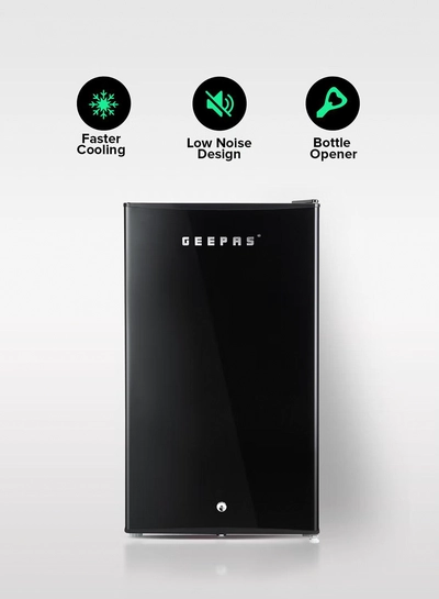 GEEPAS 120L Gross/92L Net Capacity, Single Door Mini Defrost Refrigerator With Retro Premium Design, Bottle Opener, Glass Shelves, Transparent Door Basket, Lock & Key, Low Noise, Low Voltage, Adjustable Front Wheel GRF1212BXE Black-0