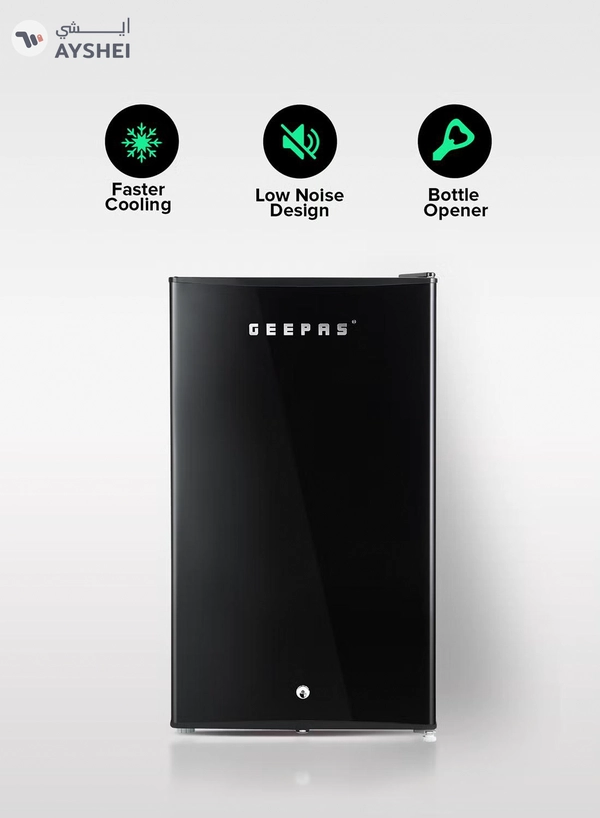 GEEPAS 120L Gross/92L Net Capacity, Single Door Mini Defrost Refrigerator With Retro Premium Design, Bottle Opener, Glass Shelves, Transparent Door Basket, Lock & Key, Low Noise, Low Voltage, Adjustable Front Wheel GRF1212BXE Black