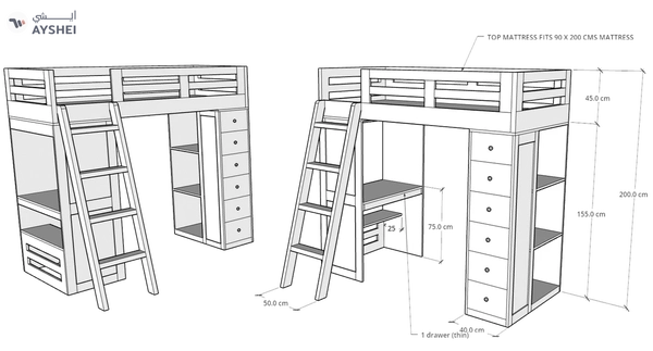 Reno Loft Bed with Desk & Storage