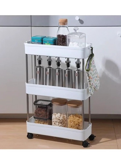 DubaiGallery 3-Tier Slim Mobile Shelving Unit on Wheels, Slide Out Rolling Bathroom Storage Organizer, Utility Carts Shelf Rack for Kitchen Bathroom Laundry Room Narrow Places, White-0