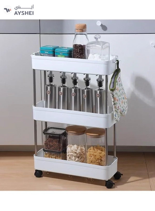 DubaiGallery 3-Tier Slim Mobile Shelving Unit on Wheels, Slide Out Rolling Bathroom Storage Organizer, Utility Carts Shelf Rack for Kitchen Bathroom Laundry Room Narrow Places, White