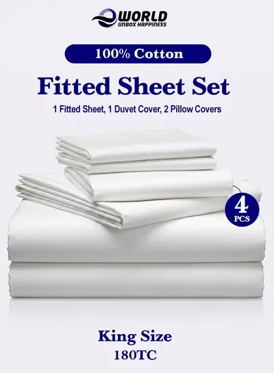 Eworld 4-Piece Luxury King Size White Bedding Set – 100% Cotton, 180 TC | Duvet Cover 220x240cm, Fitted Sheet 200x200+30cm & 2 Pillow Cases 50x75cm-0