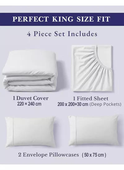 Eworld 4-Piece Luxury King Size White Bedding Set – 100% Cotton, 180 TC | Duvet Cover 220x240cm, Fitted Sheet 200x200+30cm & 2 Pillow Cases 50x75cm-3