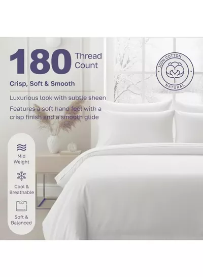 Eworld 4-Piece Luxury King Size White Bedding Set – 100% Cotton, 180 TC | Duvet Cover 220x240cm, Fitted Sheet 200x200+30cm & 2 Pillow Cases 50x75cm-2