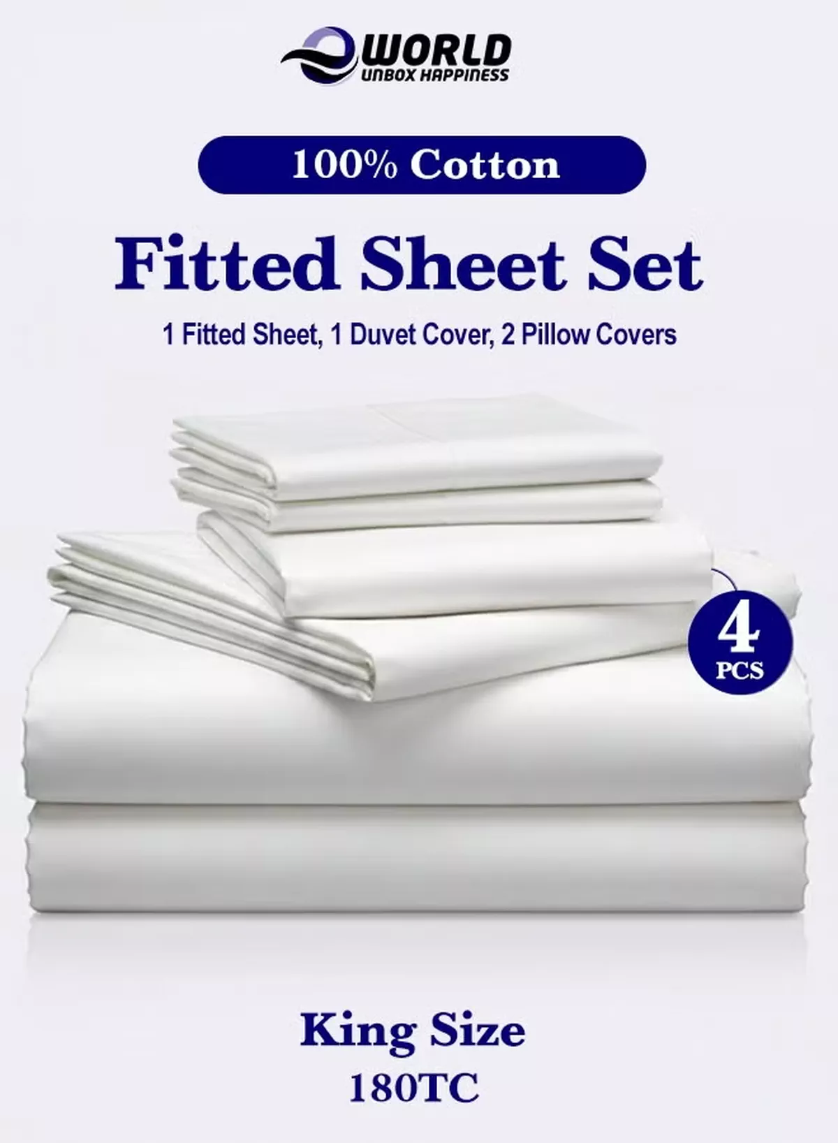 Eworld 4-Piece Luxury King Size White Bedding Set – 100% Cotton, 180 TC | Duvet Cover 220x240cm, Fitted Sheet 200x200+30cm & 2 Pillow Cases 50x75cm