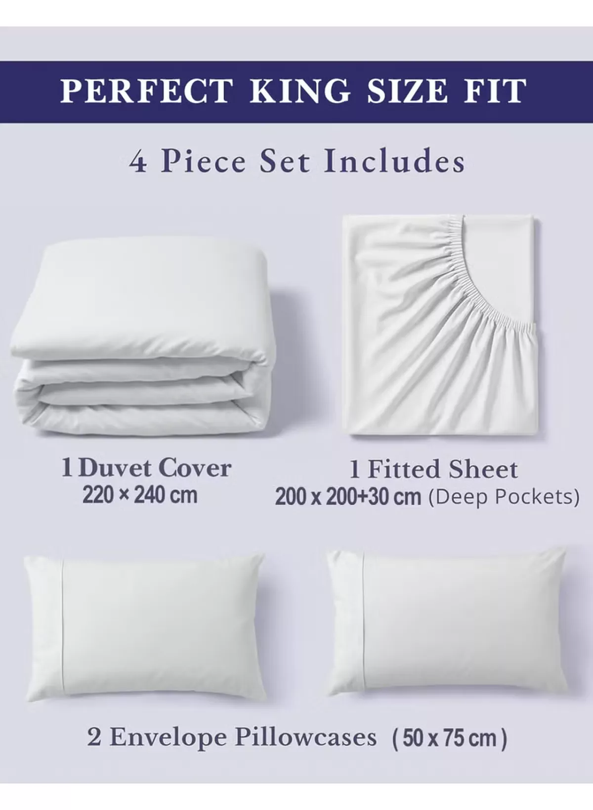 Eworld 4-Piece Luxury King Size White Bedding Set – 100% Cotton, 180 TC | Duvet Cover 220x240cm, Fitted Sheet 200x200+30cm & 2 Pillow Cases 50x75cm-3-3