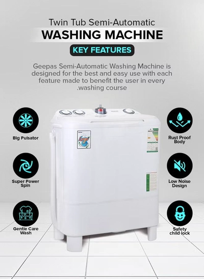 GEEPAS Twin Tub Semi-Automatic Washing Machine| High Back Control Panel and Semi-Automatic Top Load Washing Machine, Ripple Pulsator| Highly Effecient with Classic Design 400 W GSWM6468 White 400 W GSWM6468 White-4