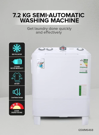 GEEPAS Twin Tub Semi-Automatic Washing Machine| High Back Control Panel and Semi-Automatic Top Load Washing Machine, Ripple Pulsator| Highly Effecient with Classic Design 400 W GSWM6468 White 400 W GSWM6468 White-0