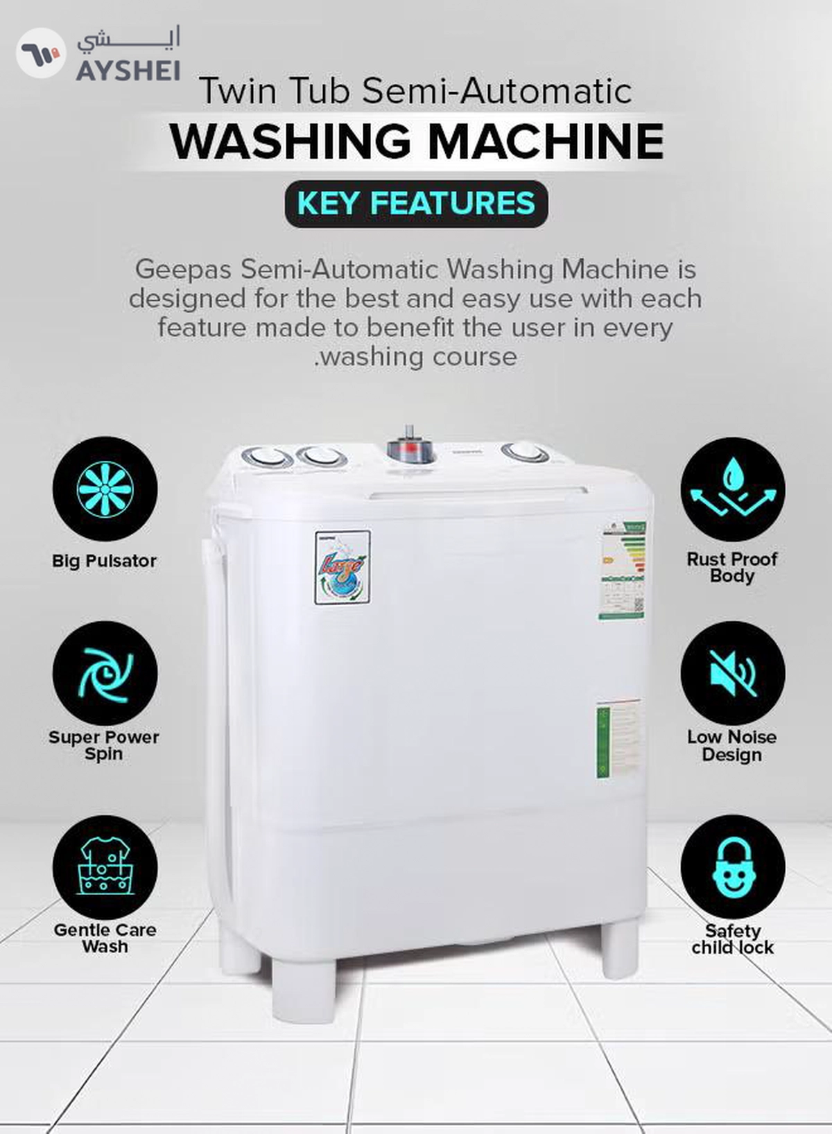 GEEPAS Twin Tub Semi-Automatic Washing Machine| High Back Control Panel and Semi-Automatic Top Load Washing Machine, Ripple Pulsator| Highly Effecient with Classic Design 400 W GSWM6468 White 400 W GSWM6468 White-4-4