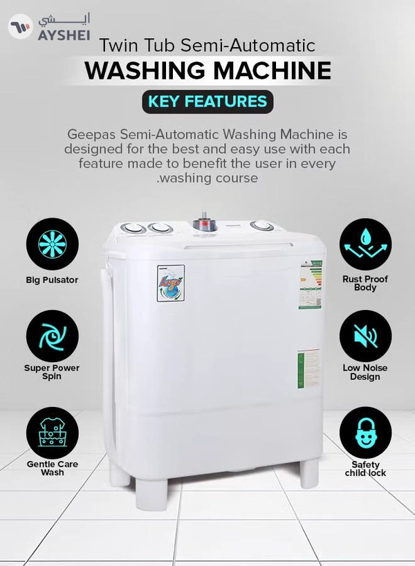 GEEPAS Twin Tub Semi-Automatic Washing Machine| High Back Control Panel and Semi-Automatic Top Load Washing Machine, Ripple Pulsator| Highly Effecient with Classic Design 400 W GSWM6468 White 400 W GSWM6468 White