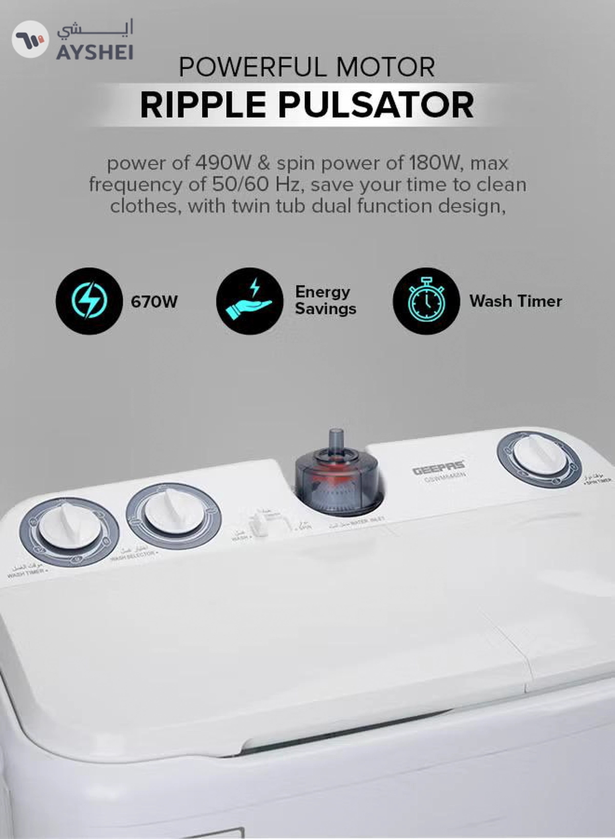 GEEPAS Twin Tub Semi-Automatic Washing Machine| High Back Control Panel and Semi-Automatic Top Load Washing Machine, Ripple Pulsator| Highly Effecient with Classic Design 400 W GSWM6468 White 400 W GSWM6468 White-1-1