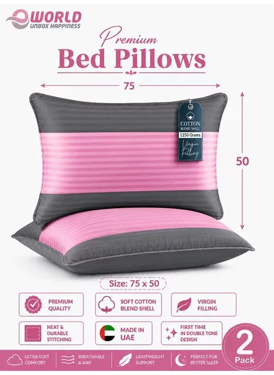 Pack of 2 Down Alternative Bed Pillows, 1250g Fill, Cotton Blend Cover, Hotel Quality, 50x75cm, Pink-Grey-0