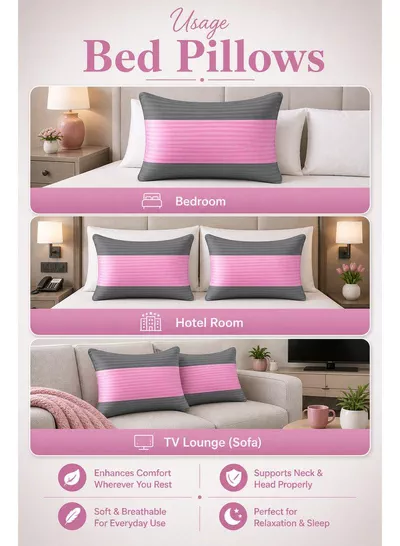 Pack of 2 Down Alternative Bed Pillows, 1250g Fill, Cotton Blend Cover, Hotel Quality, 50x75cm, Pink-Grey-3