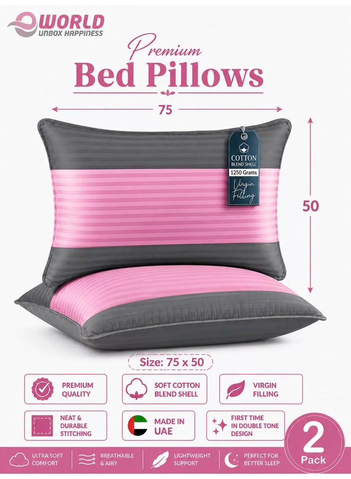 Pack of 2 Down Alternative Bed Pillows, 1250g Fill, Cotton Blend Cover, Hotel Quality, 50x75cm, Pink-Grey