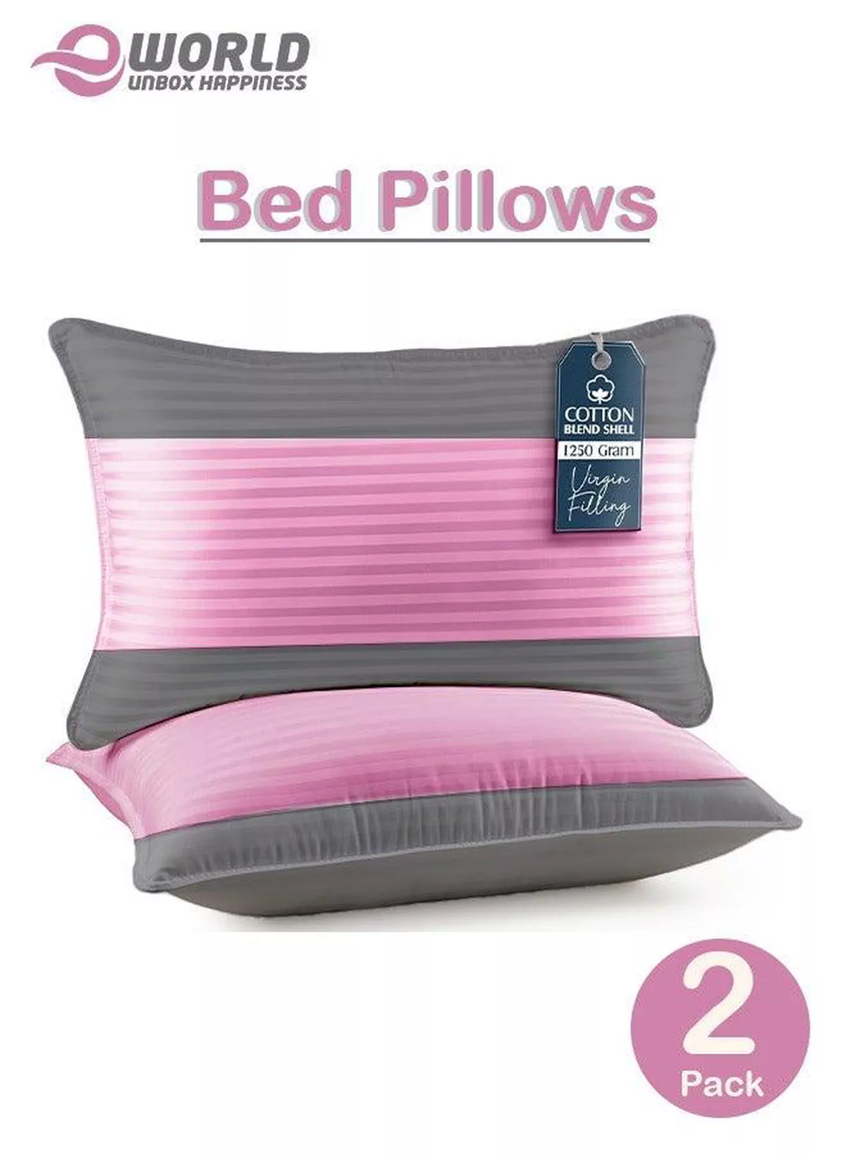Pack of 2 Down Alternative Bed Pillows, 1250g Fill, Cotton Blend Cover, Hotel Quality, 50x75cm, Pink-Grey-2-2