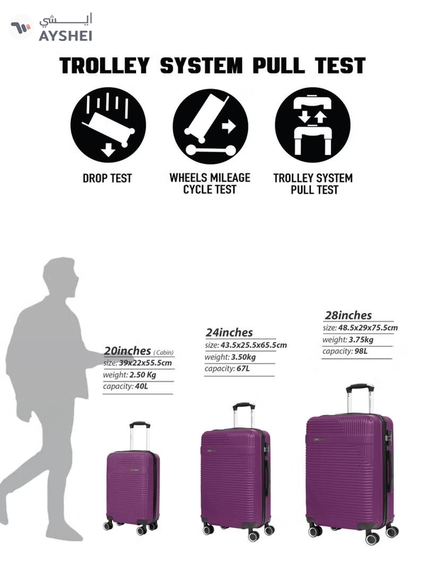 PARAJOHN ABS Material 3-Piece Hardsided Luggage Set | 4-Wheel Spinner Trolley | Small (10kg), Medium (20kg), Large (30kg)Purple
