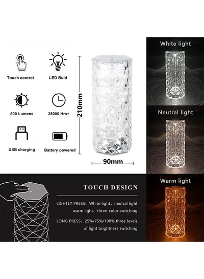 Arabest Rose Diamond USB Charging Table Lamp White 21 x 9 x 9cm-6