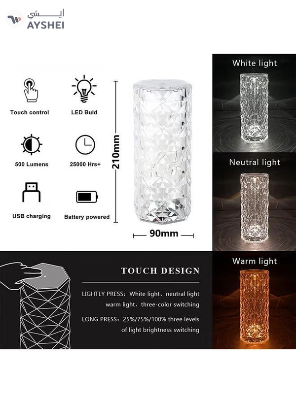 Arabest Rose Diamond USB Charging Table Lamp White 21 x 9 x 9cm