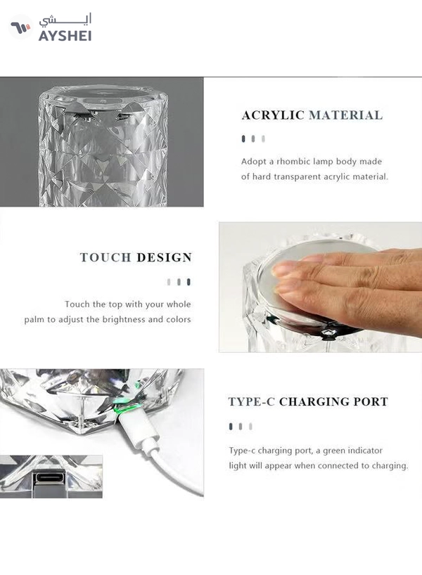 Arabest Rose Diamond USB Charging Table Lamp White 21 x 9 x 9cm