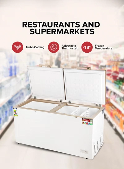 GEEPAS 550L Double Door Chest Freezer| Frozen Temperature -18°C HCF and FCKW Free| Highly Efficient Monolithic Foaming and Compressor Switch Off Function| Includes Lock and Key, 2 Food Baskets| 1 Year Warranty 550 L 230 W GCF55019WAH White-1