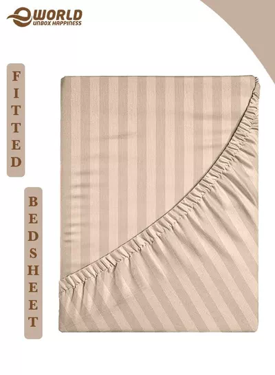Cream Striped Microfiber Fitted Bedsheet with Deep Pocket for a Snug Fit, Breathable, Machine Washable for Optimal Protection, Available in King, Queen and Single Sizes, Without Pillow Cover-0