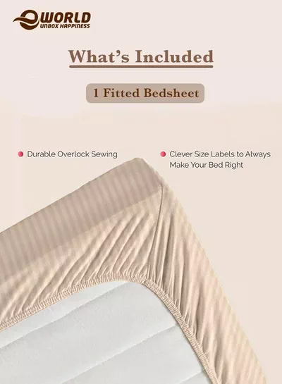 Cream Striped Microfiber Fitted Bedsheet with Deep Pocket for a Snug Fit, Breathable, Machine Washable for Optimal Protection, Available in King, Queen and Single Sizes, Without Pillow Cover-2