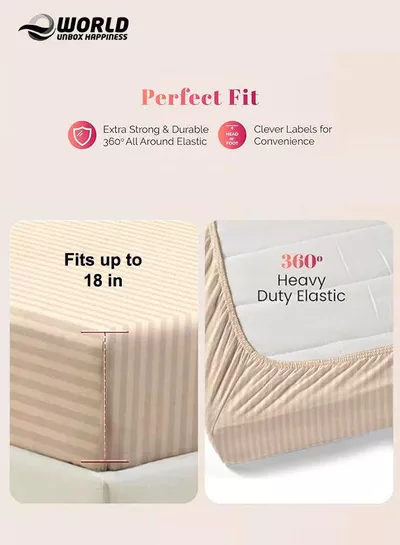 Cream Striped Microfiber Fitted Bedsheet with Deep Pocket for a Snug Fit, Breathable, Machine Washable for Optimal Protection, Available in King, Queen and Single Sizes, Without Pillow Cover-3