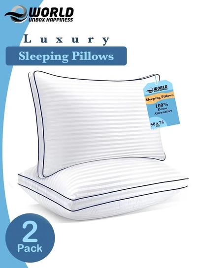 Eworld Set of 2 Premium Down Alternative Filled Bed Pillows in White Stripes with Breathable Cover-0