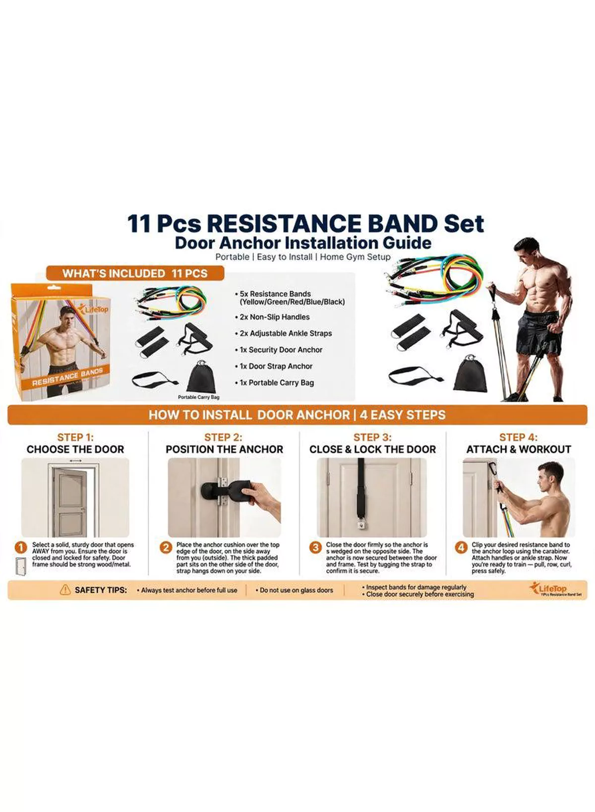 Adjustable Resistance Bands Home Gym Exercise Set Create your own home gym with adjustable resistance bands, non-slip handles, ankle straps, and a secure door anchor. Ideal for strength training, fitness, muscle building, toning, and everyday workouts.-6-6