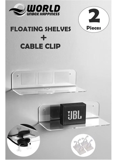 Eworld Set of 2 L Shaped Clear Acrylic Floating Shelves with Cable Clips-0