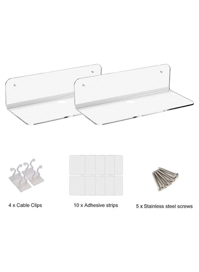 Eworld Set of 2 L Shaped Clear Acrylic Floating Shelves with Cable Clips-5