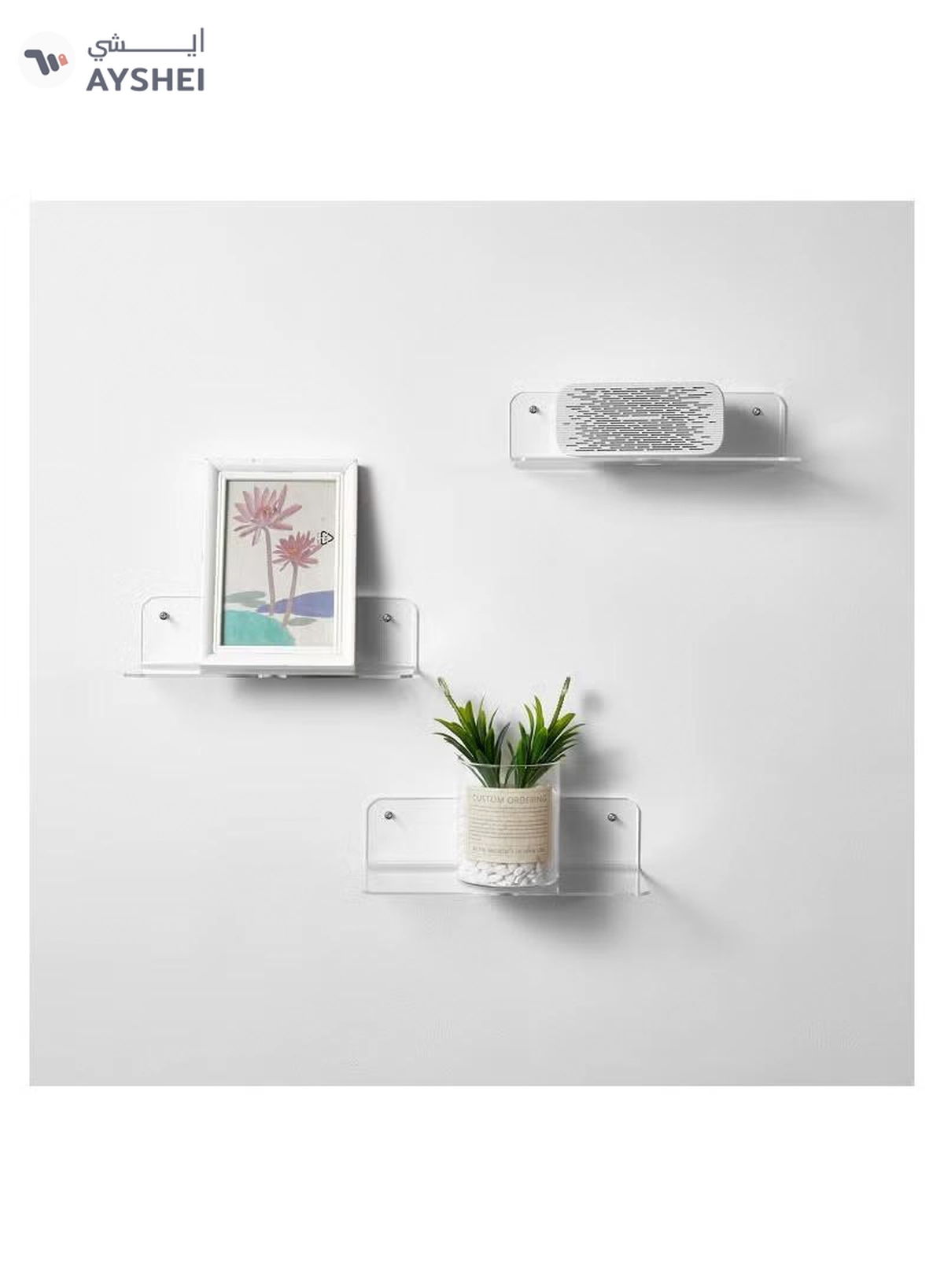 Eworld Set of 2 L Shaped Clear Acrylic Floating Shelves with Cable Clips-1-1