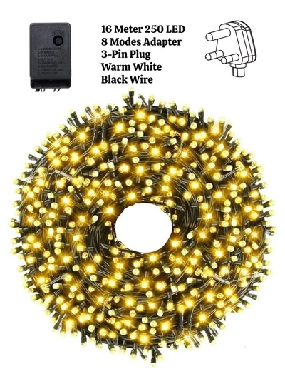 Yuwell 16 Meter 250 LED String Lights Decoration Lights Warm White Light 8 Modes Led Light Black Wire For Home Decorations Ramadan Lights Indoor & Outdoor Decoration Ramadan Decoration Light Diwali Lights Curtain Lights With 3-Pin UK Plug-0