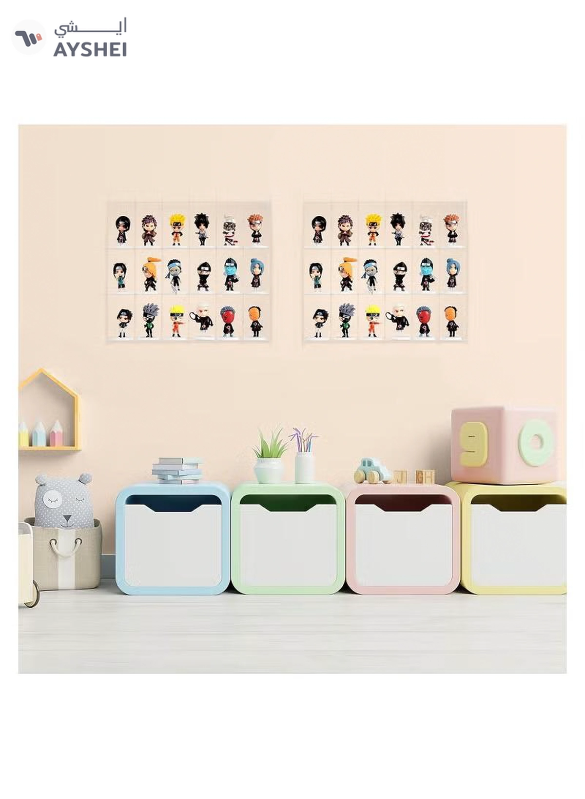 Eworld Pack of 2 Acrylic Wall Mounted Display Cabinets with 6 Tiers and 18 Compartments-3-3
