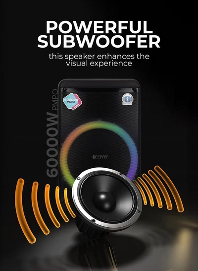 GEEPAS Rechargeable and Professional Trolley Speaker| Bluetooth, TWS Function and FM Radio Includes a Wireless Microphone Remote Control | 60000W PMPO Recording Function, LED Light and LED Display | 2 Years Warranty-2