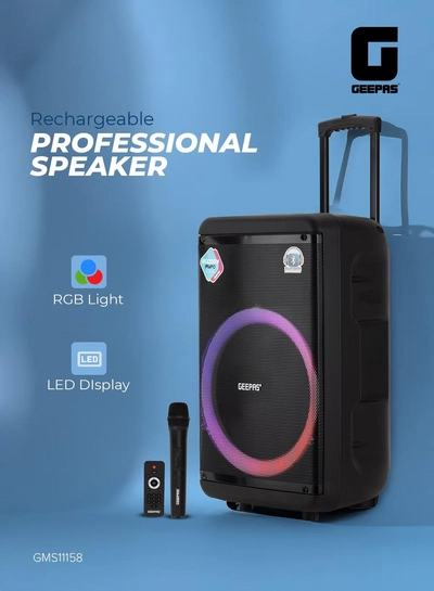 GEEPAS Rechargeable and Professional Trolley Speaker| Bluetooth, TWS Function and FM Radio Includes a Wireless Microphone Remote Control | 60000W PMPO Recording Function, LED Light and LED Display | 2 Years Warranty-0