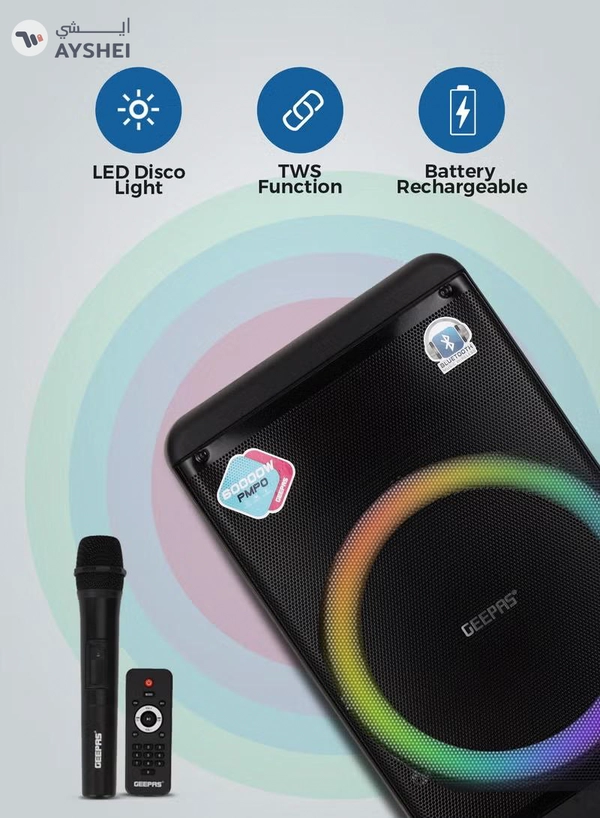 GEEPAS Rechargeable and Professional Trolley Speaker| Bluetooth, TWS Function and FM Radio Includes a Wireless Microphone Remote Control | 60000W PMPO Recording Function, LED Light and LED Display | 2 Years Warranty