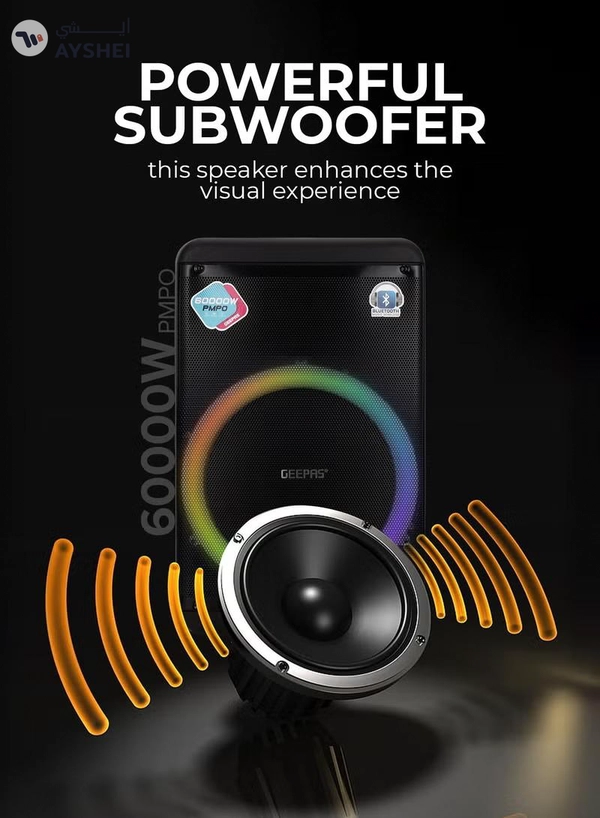 GEEPAS Rechargeable and Professional Trolley Speaker| Bluetooth, TWS Function and FM Radio Includes a Wireless Microphone Remote Control | 60000W PMPO Recording Function, LED Light and LED Display | 2 Years Warranty