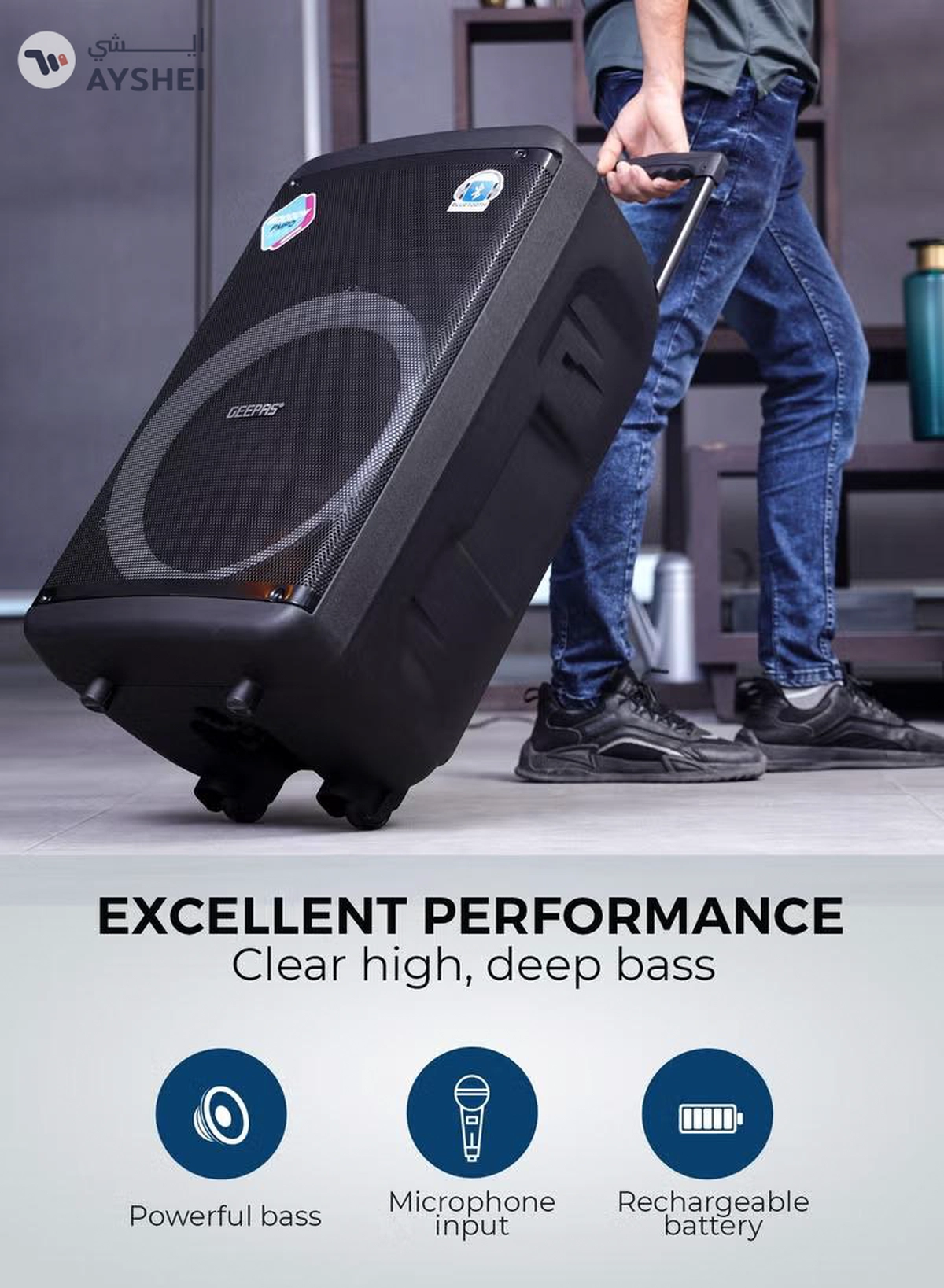 GEEPAS Rechargeable and Professional Trolley Speaker| Bluetooth, TWS Function and FM Radio Includes a Wireless Microphone Remote Control | 60000W PMPO Recording Function, LED Light and LED Display | 2 Years Warranty-1-1