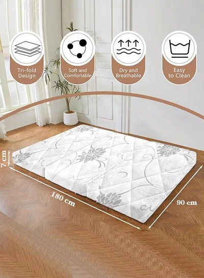 Tri-Fold Medicated Foam Mattress with White Satin Cover, Random Print, Portable & Multi-Functional Foldable Mattress for Lounging & Travel, 180 × 90 × 7 cm-1