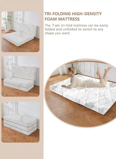 Tri-Fold Medicated Foam Mattress with White Satin Cover, Random Print, Portable & Multi-Functional Foldable Mattress for Lounging & Travel, 180 × 90 × 7 cm-3