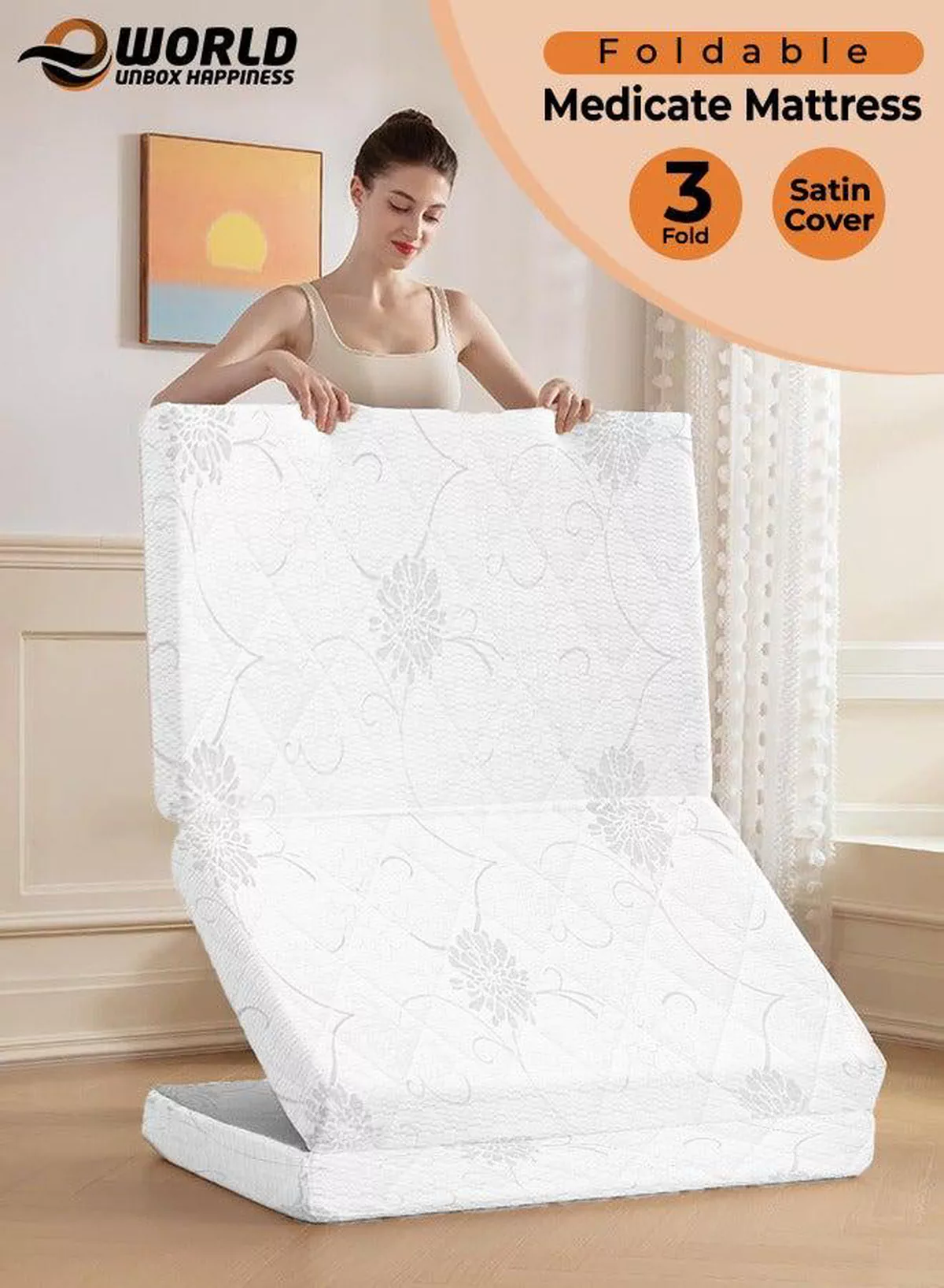 Tri-Fold Medicated Foam Mattress with White Satin Cover, Random Print, Portable & Multi-Functional Foldable Mattress for Lounging & Travel, 180 × 90 × 7 cm