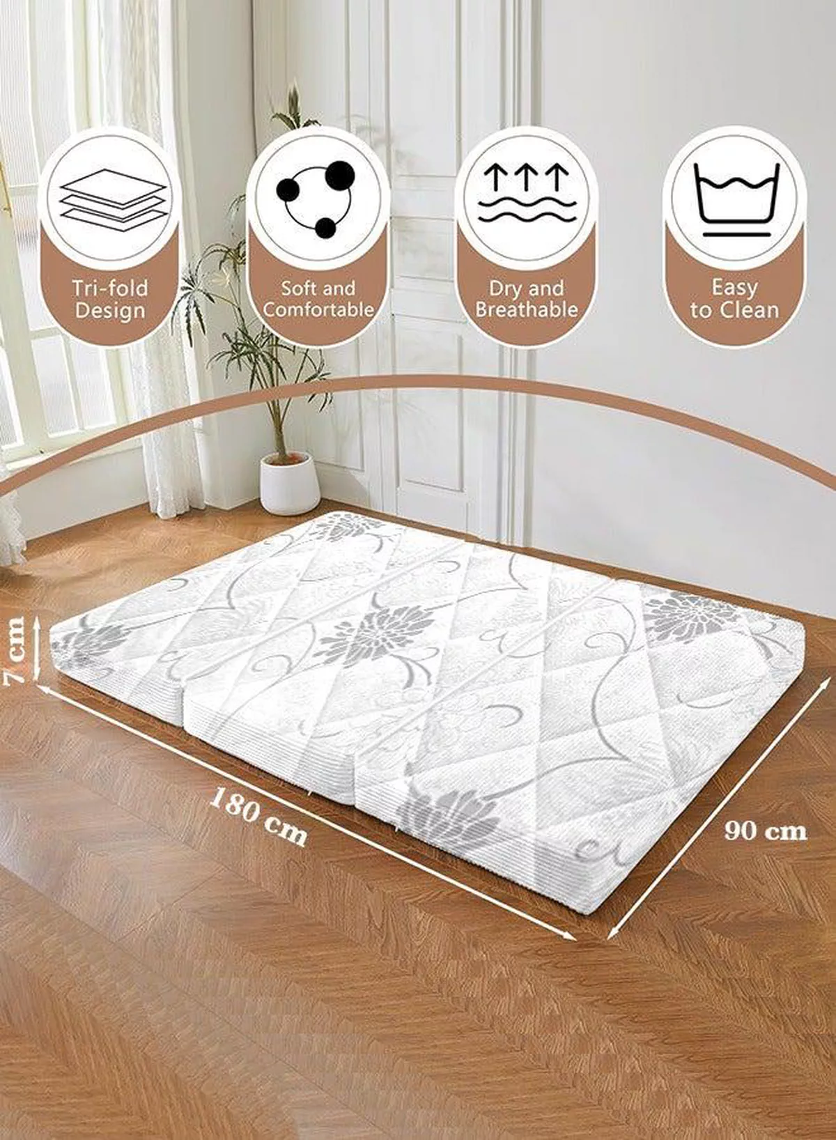 Tri-Fold Medicated Foam Mattress with White Satin Cover, Random Print, Portable & Multi-Functional Foldable Mattress for Lounging & Travel, 180 × 90 × 7 cm-1-1