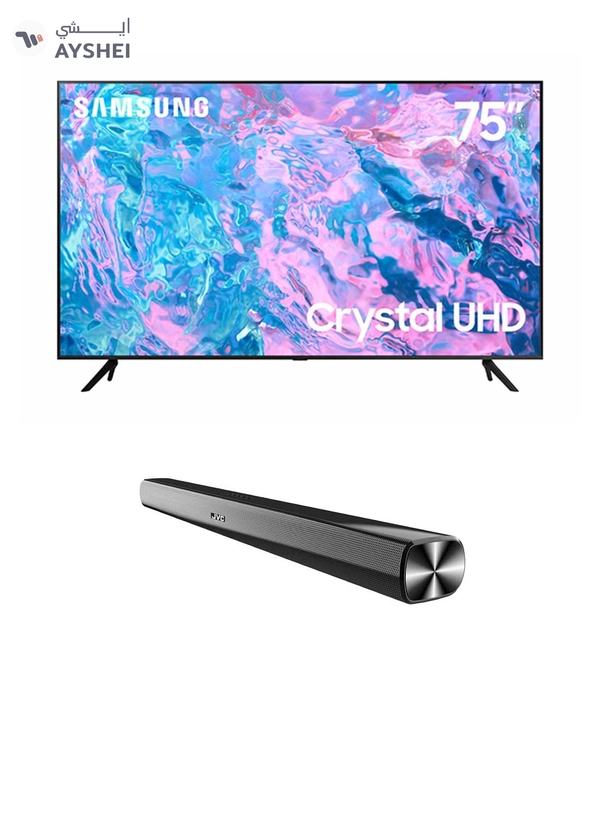 Samsung 75 Inch Crystal UHD 4K Smart TV 2023 UA75CU7000UXZN With JVC Soundbar 75CU7000+TH-N322B Black