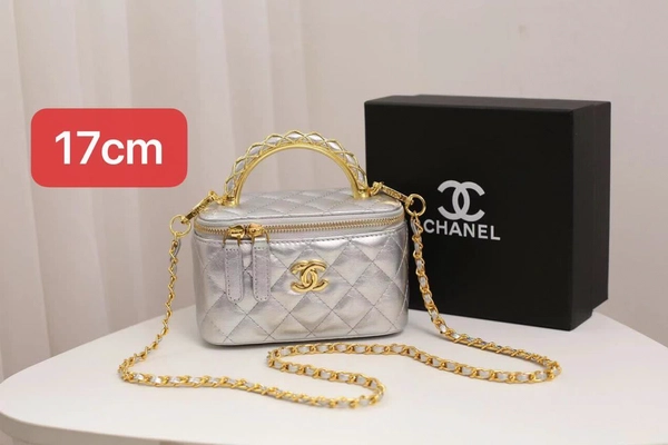 Chanel Quilted Silver Vanity Case Handbag