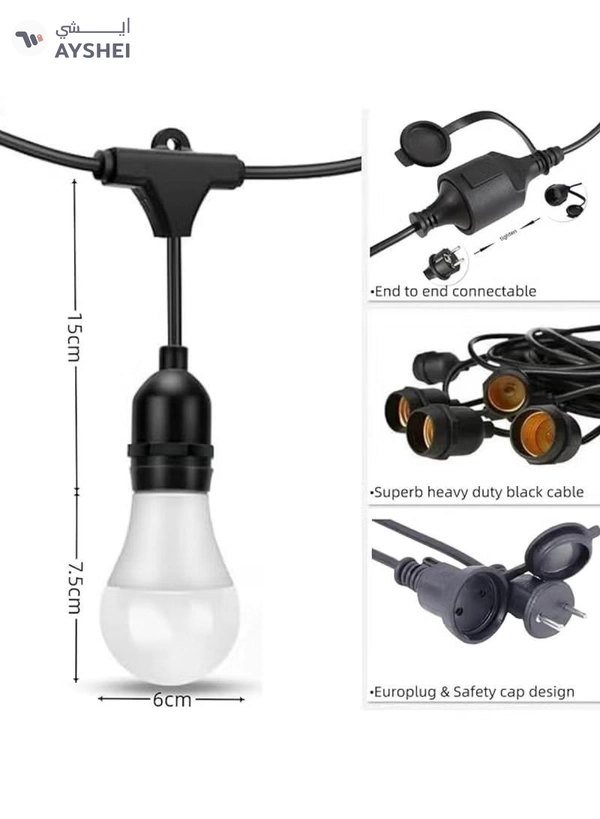 Yuwell Outdoor Waterproof IP65 Led String Lights E27 Holder 15 Meter Bulb Holder Wire With 30 LED Bulbs 9W Cool White With EU Plug Solar Bulb Holder For Ramadan Decoration Lights And Outdoor Decoration Light Hanging Light String Wire Ramadan Light For Commercial Patio Garden & Porch Yard