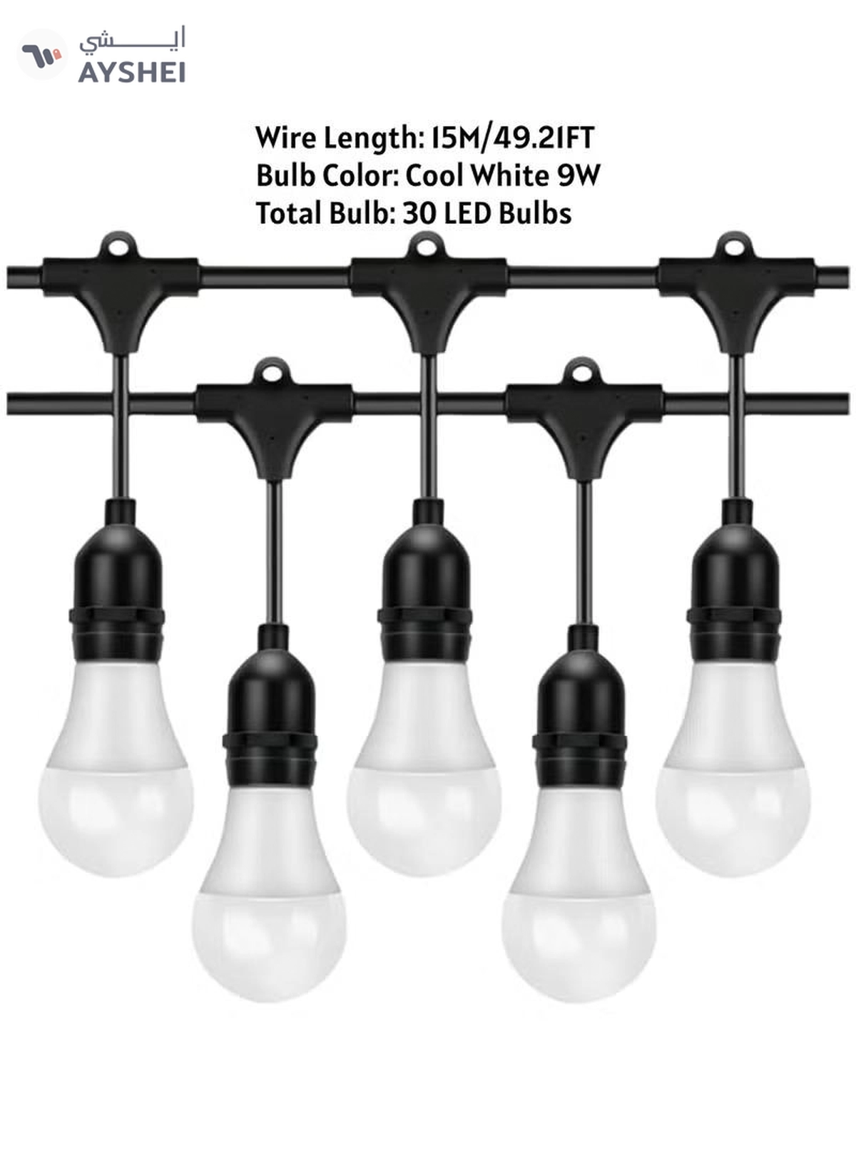 Yuwell Outdoor Waterproof IP65 Led String Lights E27 Holder 15 Meter Bulb Holder Wire With 30 LED Bulbs 9W Cool White With EU Plug Solar Bulb Holder For Ramadan Decoration Lights And Outdoor Decoration Light Hanging Light String Wire Ramadan Light For Commercial Patio Garden & Porch Yard-3-3