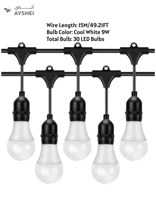 Yuwell Outdoor Waterproof IP65 Led String Lights E27 Holder 15 Meter Bulb Holder Wire With 30 LED Bulbs 9W Cool White With EU Plug Solar Bulb Holder For Ramadan Decoration Lights And Outdoor Decoration Light Hanging Light String Wire Ramadan Light For Commercial Patio Garden & Porch Yard