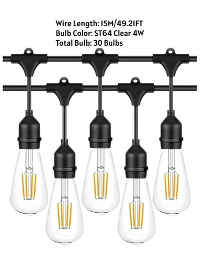 Yuwell Outdoor Waterproof IP65 Led String Lights E27 Holder 15 Meter Bulb Holder Wire With 30 Bulbs 4W ST64 Clear With EU Plug Solar Bulb Holder For Ramadan Decoration Lights And Outdoor Decoration Light Hanging Light 6000mAh & USB-C, String Lights With Remote Control And 8 Modes Ramadan Light With Cable Ties-8